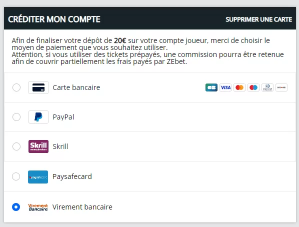 méthodes de dépôts disponibles sur ZEbet